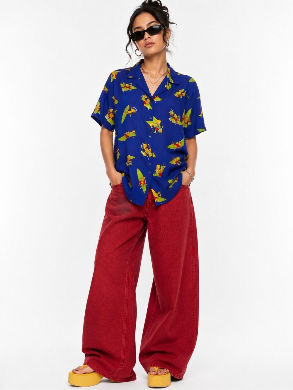 The Simpsons Bart Surf Hawaiian Camp Shirt Rayon Aloha Vacation Women's L